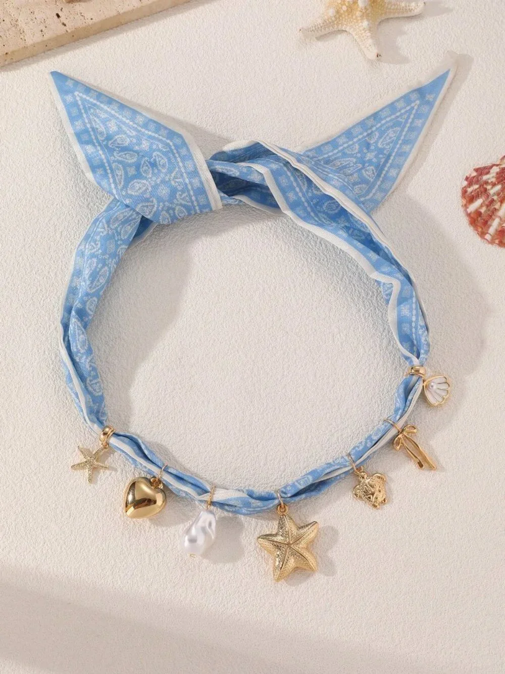 Baby Blue Ocean Charm Scarf Necklace Starfish Shell Heart Pearl 🐚
